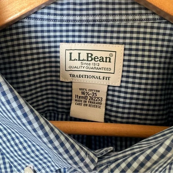 L.L Bean Men’s Gingham Check Button Up Long Sleeve Blue 16.5” Large Traditional - Picture 6 of 7
